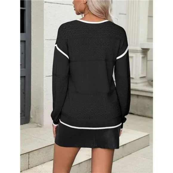 Crochet Detail V-Neck Sweater – Ribbed Knit Pullover with  display picture 1